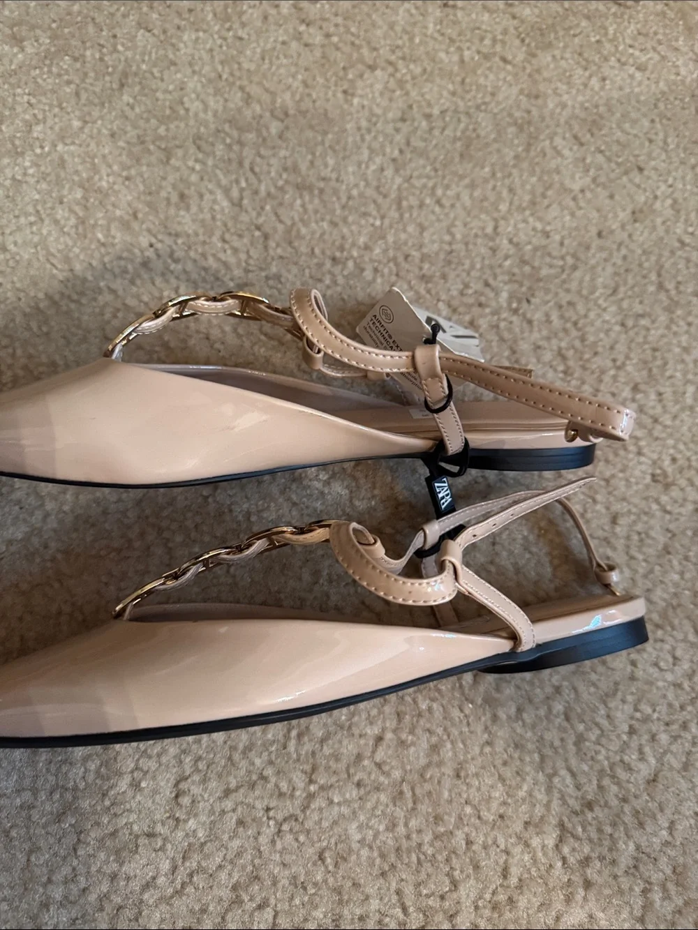ZARA - Nude Patent Pointed Slingback Flats with Gold Chain Accents - Size 7